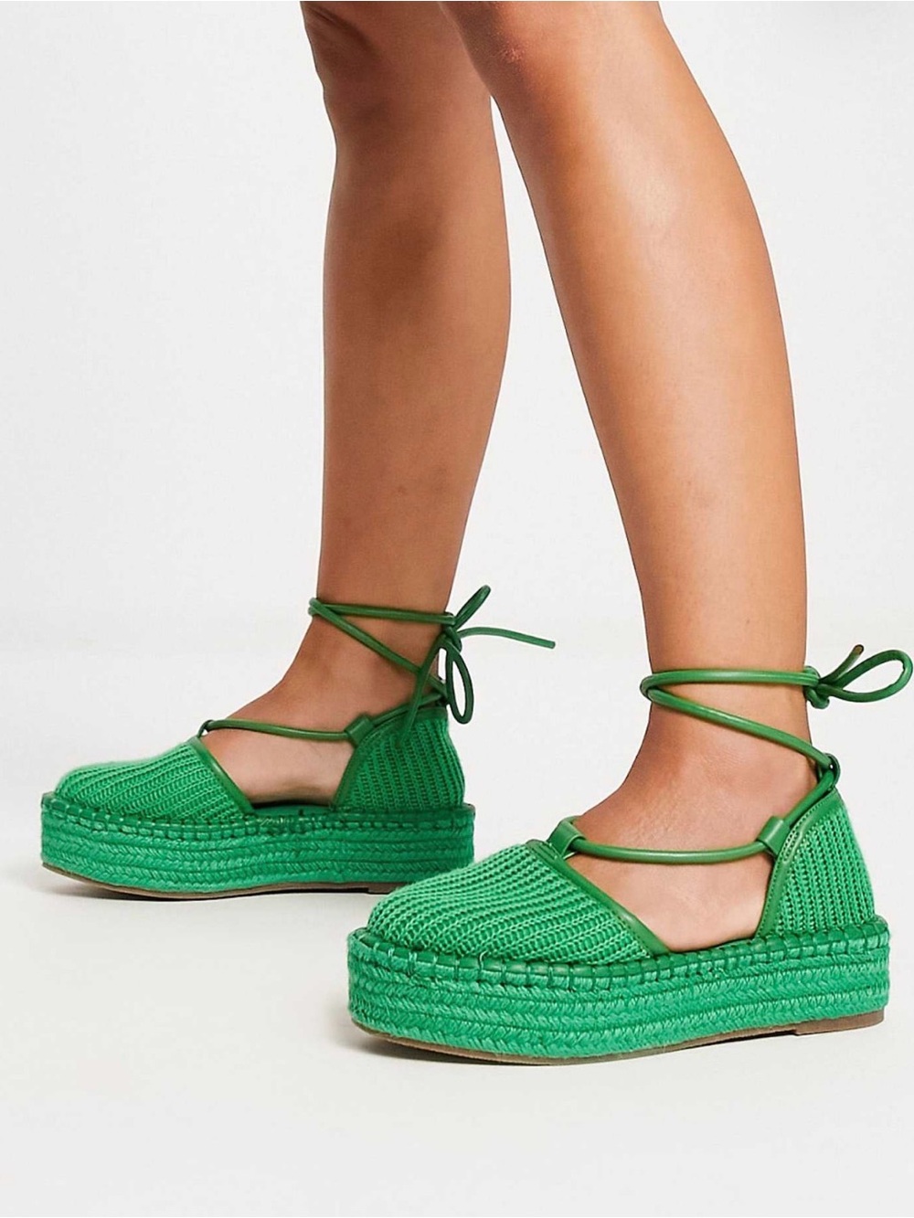 ASOS Design Green Juggle Espadrilles Braided Strap Lace Up Round Platform Sandal